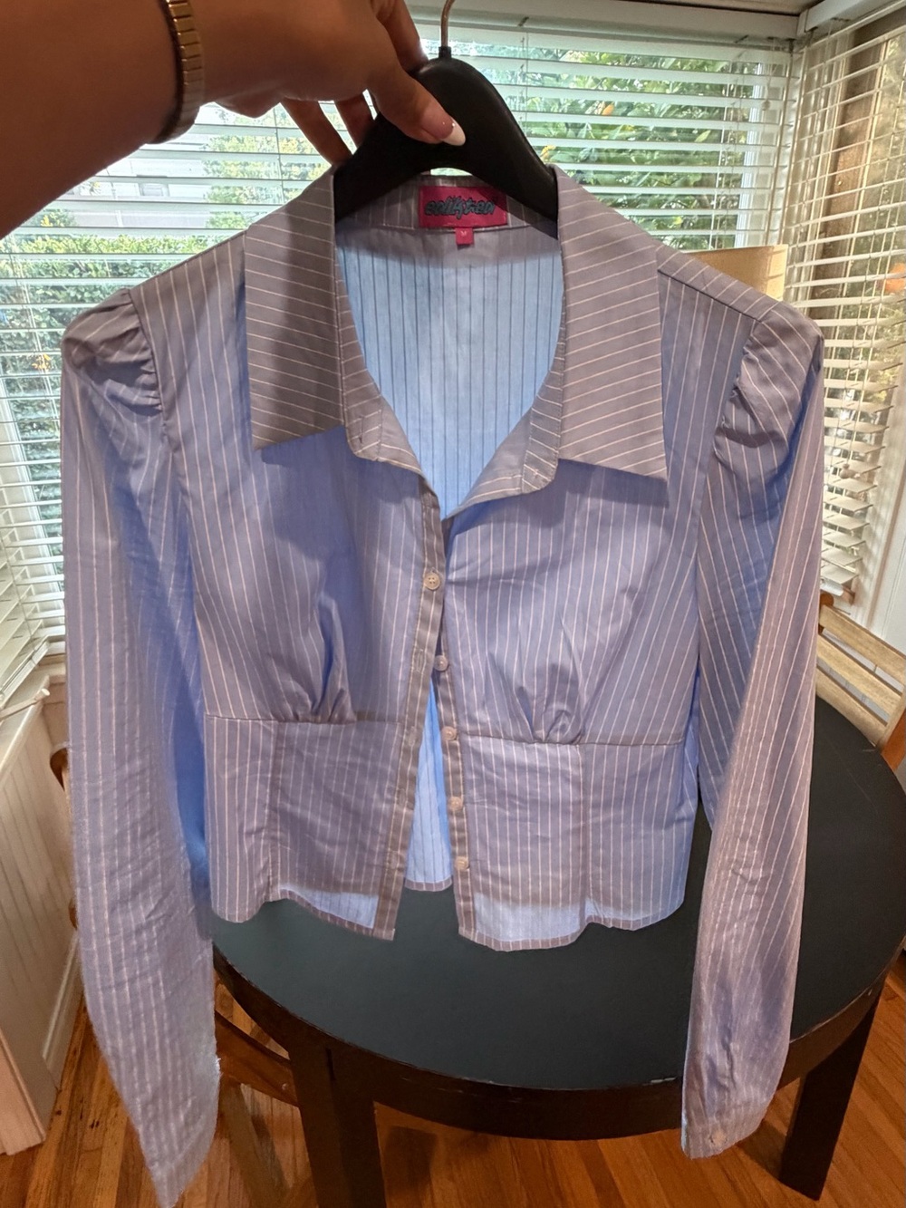 Edikted Light Blue Pinstripe Cropped Button-Up Blazer